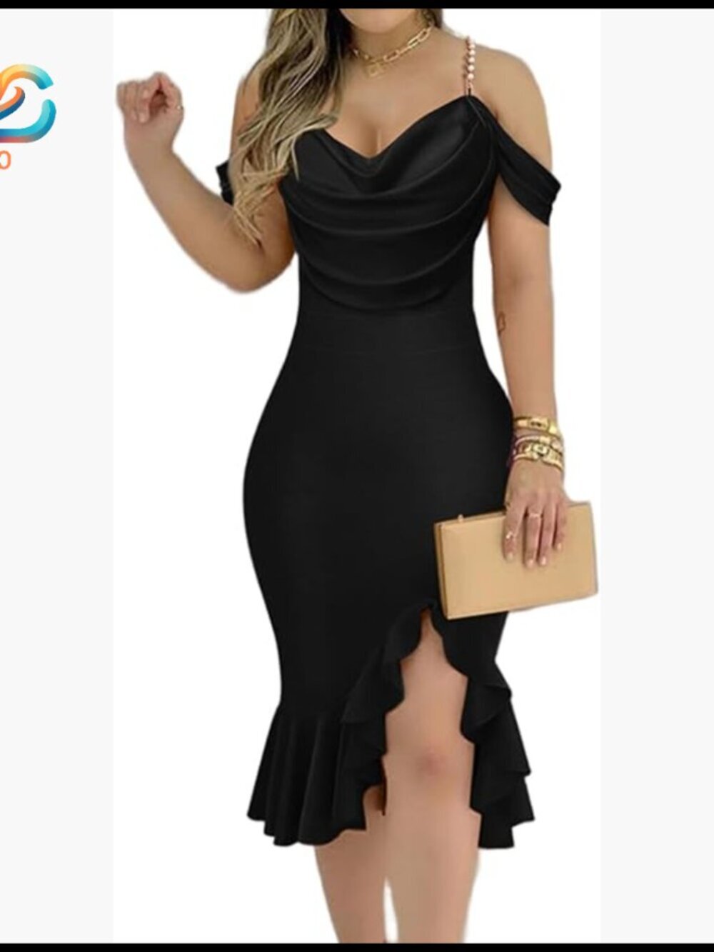 Off Shoulder Pearl Strap Bodycon Midi Dress Ruffle Hem Party Cocktail